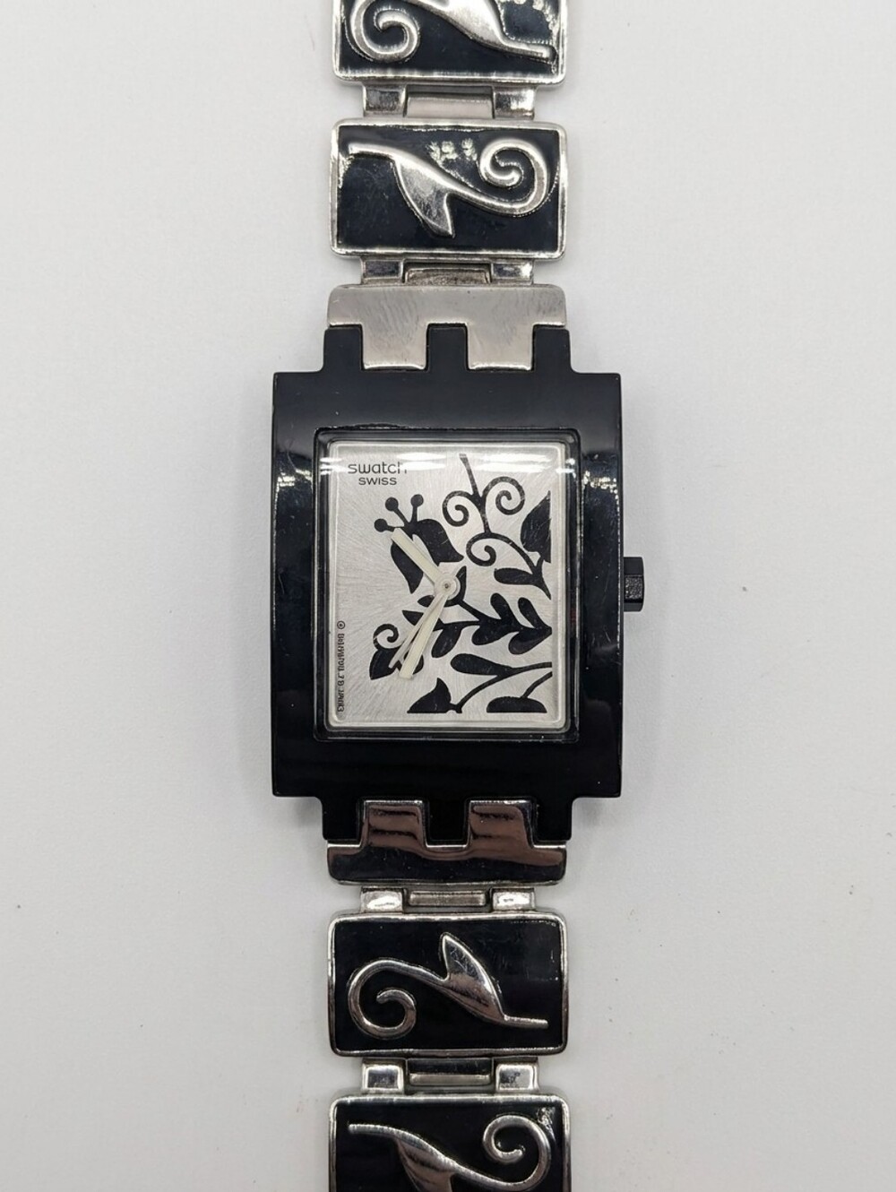 Vintage Swatch Swiss Square Floral Bracelet Watch Black Silver Women's Quartz